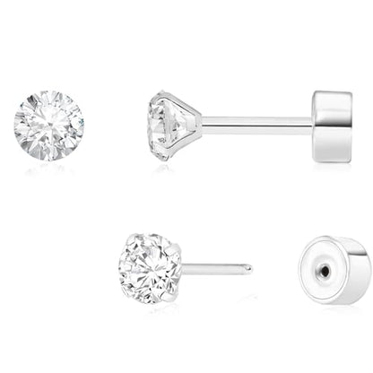 Threadless Flat Back Earrings, Hypoallergenic 14K Real Gold Plated CZ Stud Earrings | Cartilage Earring | Tragus Helix Piercing Jewelry | Push in Flatback Earrings for Women Men - color: Silver, size: 4 Millimeters