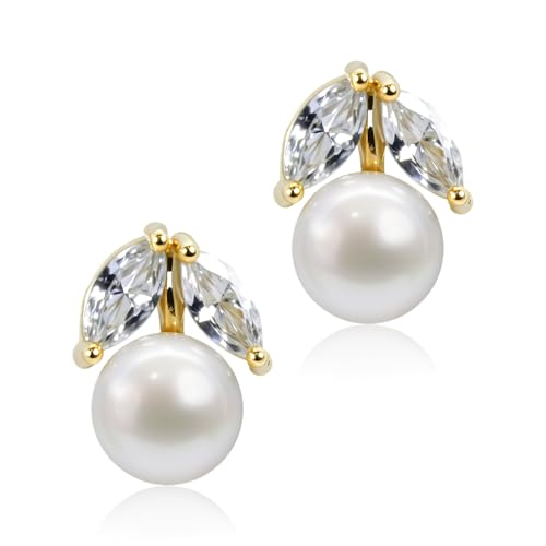 Petite Pearl Drop Earrings for Women - Real Freshwater Cultured Pearls Collection, S925 Sterling Silver Hypoallergenic Posts, 18K Gold Plated Dainty Jewelry - color: White and Golden