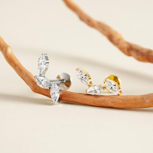 FINE4U 16G CZ Cluster Climber Cartilage Earring for Helix, Tragus - ASTM F136 Titanium Triple Marquise Labret Stud, Screw on Nickel Free Flat Back Jewelry - color: Triple Marquise - White CZ - Tit