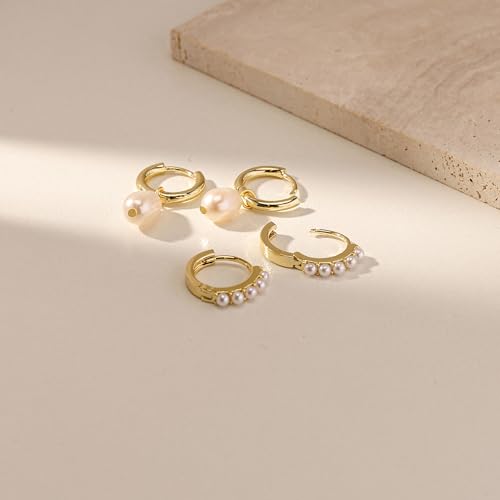 Gold Plated Earrings for Women, 14k Gold Plated Earring Stack Hypoallergenic Pearl Drop Earring Dainty Earrings for Women Trendy Cute Small Huggie Hoop Earring Fashion Womens Jewelry - color: SET1