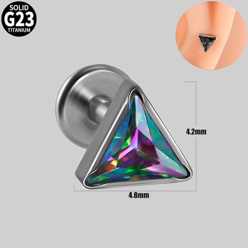 16G Triangle Cubic Zirconia Cartilage Stud Earrings for Women Men G23 Titanium Conch Helix Tragus Studs Earrings Lip Studs Rings Labret Monroe Medusa Piercing Jewelry - color: Colorful