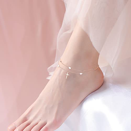 Anklet for Women 925 Sterling Silver Foot Adjustable Ankle Bracelet Jewelry - style: Heart Cross