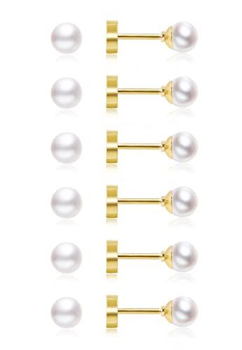 Dainty Flat Back Pearl Earrings for Women, 6 Pairs Flatback Pearl Earrings in 14K Gold Silver 3-8MM Studs Earring Sets for Multiple Piercing Hypoallergenic - style: 14K Gold - 3mm Pearl Earrings