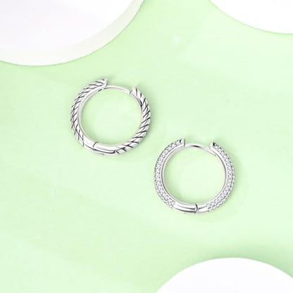 Parmuz 925 Sterling Silver Earrings Hoops for Women Ladies Simple Lightweight Twisted Medium Hoop Earrings With Cubic Zirconia Hypoallergenic Jewelry for Her - color: Pave Hoop earring