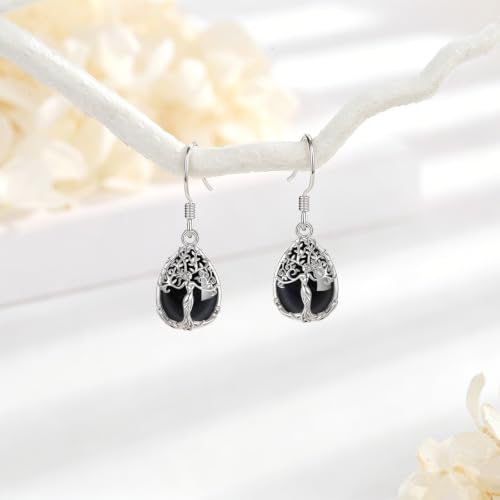 AEONSLOVE Tree of Life Crystal Earrings with Sterling Silver Ear Hooks, Dangle Drop Tree Earrings Gifts for Women - style: A01-Obsidian-Teardrop