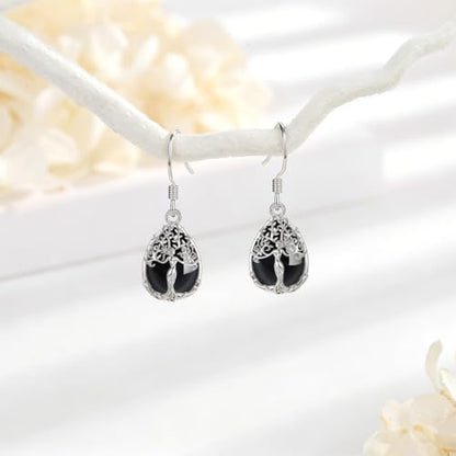 AEONSLOVE Tree of Life Crystal Earrings with Sterling Silver Ear Hooks, Dangle Drop Tree Earrings Gifts for Women - style: A01-Obsidian-Teardrop