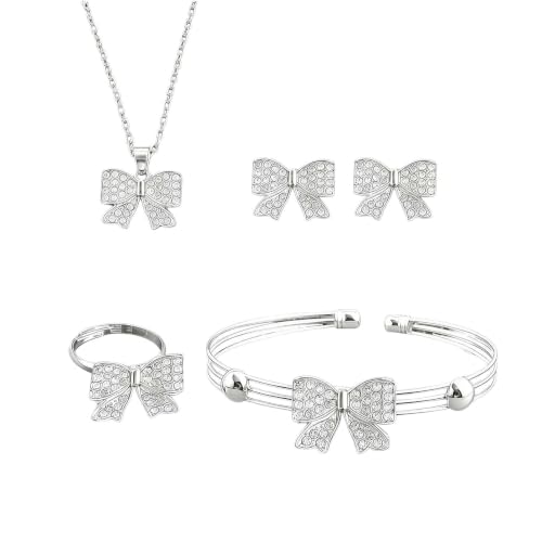 1 Set 4 Pcs Bow Jewelry Set Silver-tone Rhinestone Adjustable Bow Necklace, Earrings, Bracelet, Ring for Women, Party, Daily - color: Sliver