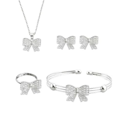 1 Set 4 Pcs Bow Jewelry Set Silver-tone Rhinestone Adjustable Bow Necklace, Earrings, Bracelet, Ring for Women, Party, Daily - color: Sliver