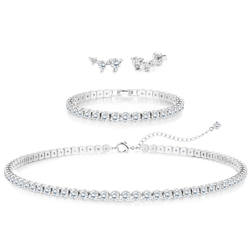 Jstyle 925 Sterling Silver Jewelry Set for Women - Dainty Tennis Necklace Bracelet Earrings Set Hypoallergenic Rhinestone Wedding Jewelry Sets for Brides Bridesmaids Crystal Prom Costume Accessories - color: Style A: Silver