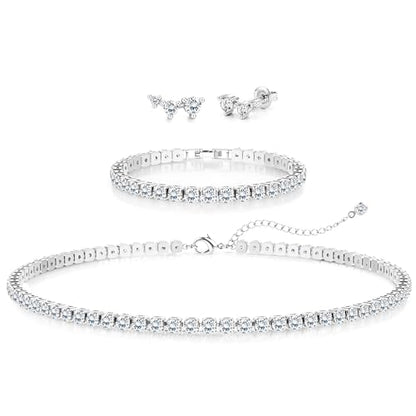 Jstyle 925 Sterling Silver Jewelry Set for Women - Dainty Tennis Necklace Bracelet Earrings Set Hypoallergenic Rhinestone Wedding Jewelry Sets for Brides Bridesmaids Crystal Prom Costume Accessories - color: Style A: Silver