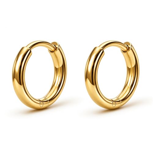 Surgical Steel Huggie Hoop Earrings & Flat Back Studs for Women Men, 6mm-14mm Small Hoops for Cartilage Helix Tragus Lobe, 1-10 Pairs Multiple Piercing Jewelry Set for Sensitive Ears - style: 1Pair,Gold,8mm(THK:1.6mm)