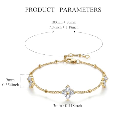 Dainty Lucky Four Leaf Clover Bracelets for Women, Trendy 14K Gold Plated Hypoallergeni Cubic Zirconia Bracelets Cute Paperclip Interlocking Adjustable Chain - color: Gold Clover Bracelet