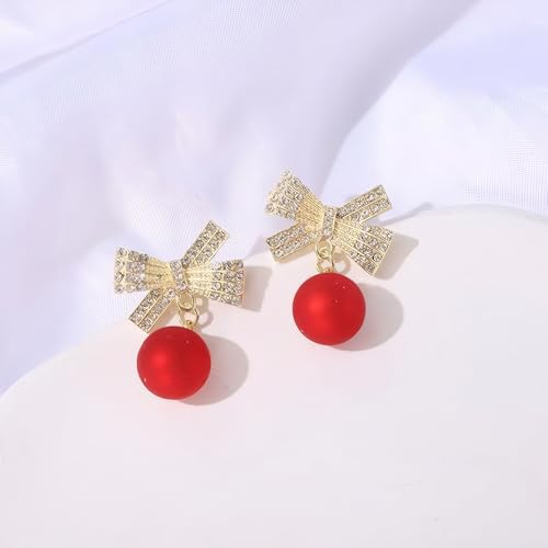 Gold Bow Earrings for Women, Long Tassel Chain Drop Earrings, Trendy Small Bow Earrings, Ribbon Waterfall Dangling Earrings, Pearl Bow Earrings, Sparkly Elegant Bowknot Preppy Jewelry Gifts for Women - color: Red-Q