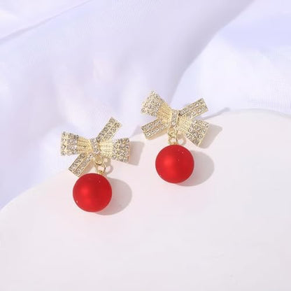 Gold Bow Earrings for Women, Long Tassel Chain Drop Earrings, Trendy Small Bow Earrings, Ribbon Waterfall Dangling Earrings, Pearl Bow Earrings, Sparkly Elegant Bowknot Preppy Jewelry Gifts for Women - color: Red-Q