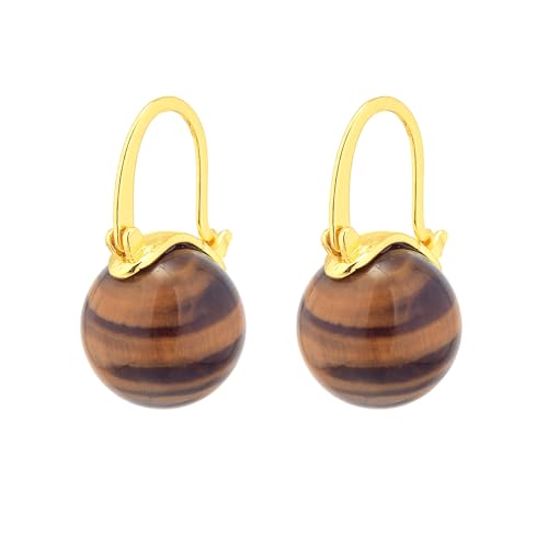 HUGE TOMATO Elegant 925 Sterling Silver Pearl Drop Earrings for Women, 14K Gold Plated Dangle Stud Earrings, Hypoallergenic Large Pearl Hoop Earring dangling 12mm - color: Tiger Eye