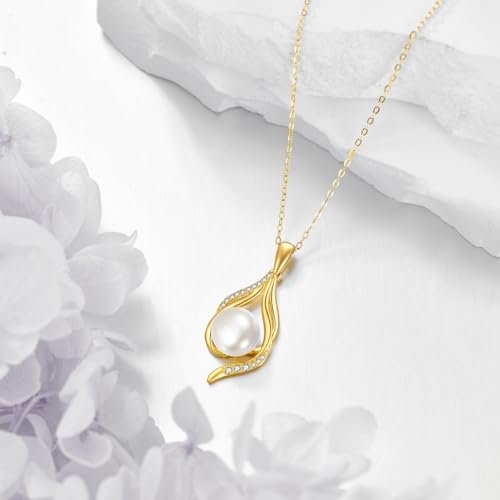 DOVRAN 14k Gold Pearl Necklace for Women Solid Gold Freshwater Pearl Pendant 8mm Pearl Jewelry Gift Christmas