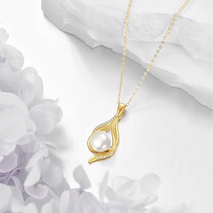 DOVRAN 14k Gold Pearl Necklace for Women Solid Gold Freshwater Pearl Pendant 8mm Pearl Jewelry Gift Christmas