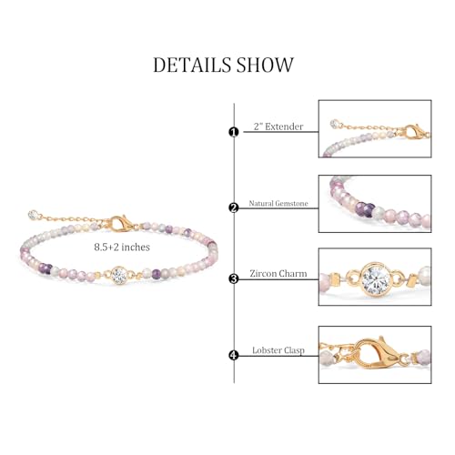 Raicegs Anklets for Women Handmade Beach Boho Ankle Bracelet 3mm Natural Stone Beaded Ankle Bracelet 14K Gold Plated Zircon Pendant Adjustable Crystal Gemstone Anklet Jewelry Gift for Her - color: Fluorite
