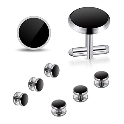 Yolev Mens Cufflinks and Studs Set Tuxedo Shirts Cuff links Black Onyx Cufflinks for Men, Classic Tuxedo Buttons Match for Business Wedding Formal Suit