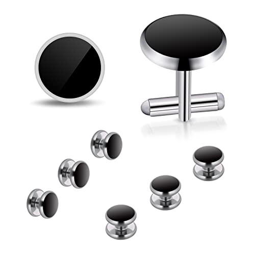 Yolev Mens Cufflinks and Studs Set Tuxedo Shirts Cuff links Black Onyx Cufflinks for Men, Classic Tuxedo Buttons Match for Business Wedding Formal Suit