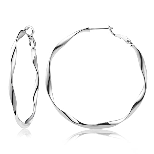 24K Gold Hoop Earrings for Women Trendy Real Gold Plated Twisted Thin Huggie Hoops, Dainty Cute Big Gold Filled Dangle Hoop Earrings Nickel Free Womens Earrings for Sensitive Ears Hypoallergenic - style: White Gold 50mm