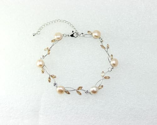 Faship Genuine Freshwater Pearls Floral Necklace Earrings Set | Premium CZ Crystal, Gorgeous, Sparkling - color: Brown / Silver-tone / Matching Bracelet