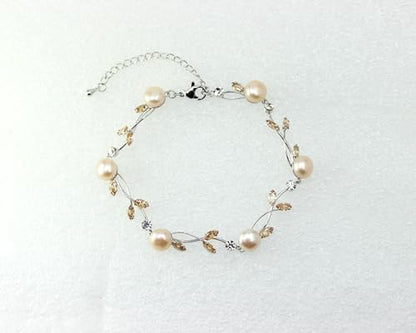 Faship Genuine Freshwater Pearls Floral Necklace Earrings Set | Premium CZ Crystal, Gorgeous, Sparkling - color: Brown / Silver-tone / Matching Bracelet