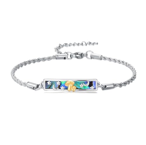 Waves/Tree of Life/Mushrooms/Moon Phase/Butterfly/Hummingbird Bracelet/Anklet 925 Sterling Silver Adjustable Abalone Shell Bar Bracelet/Anklet Summer Jewelry Gifts for Women - color: Mushrooms, size: Bracele 7"+2"