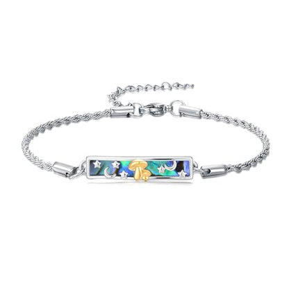 Waves/Tree of Life/Mushrooms/Moon Phase/Butterfly/Hummingbird Bracelet/Anklet 925 Sterling Silver Adjustable Abalone Shell Bar Bracelet/Anklet Summer Jewelry Gifts for Women - color: Mushrooms, size: Bracele 7"+2"
