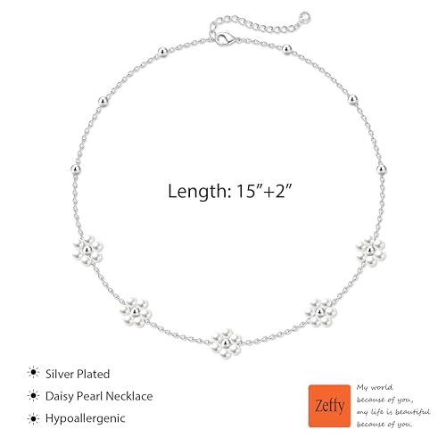 Zeffy Pearl Necklace 4MM/6MM/8MM Dainty Round Imitation Pearl Choker Necklace Wedding Pearl Necklace Delicate Jewelry for Women Simple Bridesmaid Jewelry Gifts - style: Silver Pearl Daisy Necklace(15"+2")