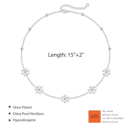 Zeffy Pearl Necklace 4MM/6MM/8MM Dainty Round Imitation Pearl Choker Necklace Wedding Pearl Necklace Delicate Jewelry for Women Simple Bridesmaid Jewelry Gifts - style: Silver Pearl Daisy Necklace(15"+2")