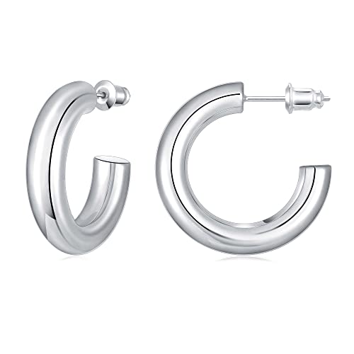 14K Gold Plated Chunky Open Hoop Earrings for Women | Lightweight Hollow Tube Hoop Earrings with 925 Sterling Silver Post, Chunky C Shape Design, Trendy Jewelry Gift for Women