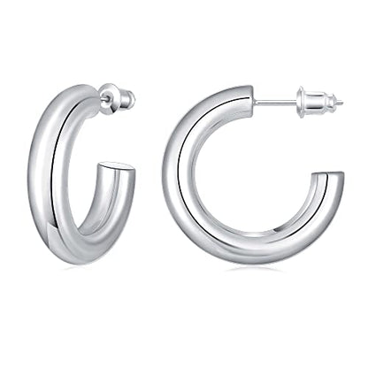 14K Gold Plated Chunky Open Hoop Earrings for Women | Lightweight Hollow Tube Hoop Earrings with 925 Sterling Silver Post, Chunky C Shape Design, Trendy Jewelry Gift for Women