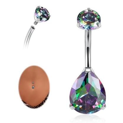 AROWRO Gold Belly Button Ring G23 Titanium Hypoallergenic 14G belly ring for Women Men Teardrop Navel Piercing Jewelry 10mm Barbell With Cubic Zircon - color: Silver+Teardrop Vitrail Medium CZ