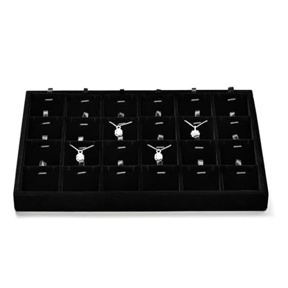 Black Velvet 24 Grid Removable Insert Jewelry Necklace Display Tray | Soft black velvet 24-grid tray with removable insert, customizable jewelry storage for home vanity, retail & holiday gifting - size: 24 Grid with Insert
