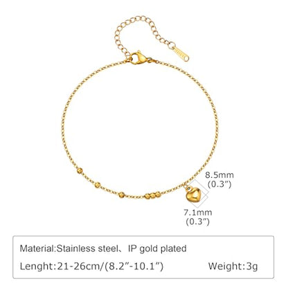 Dainty Gold Anklets for Women Stainless Steel Simple Ankle Bracelets Summer Beach Foot Chain Jewelry Gift - color: Heart and Beads