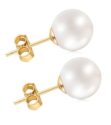 Pearl Earrings for Women, Hypoallergenic 925 Silver Post Studs | Shell Pearl Stud Earrings, Nickel-Free, 18K Yellow-Gold Plated Sterling Silver for Birthday Anniversary Wedding Daily Wear - color: Gold, size: 9mm