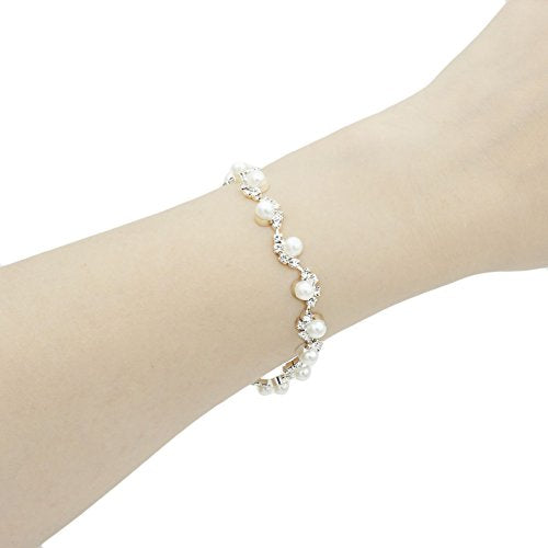 JSEA Womens 4mm Faux Pearl Wave Link Bracelet Silver Rhinestone Bracelets