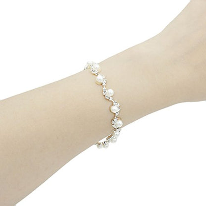 JSEA Womens 4mm Faux Pearl Wave Link Bracelet Silver Rhinestone Bracelets