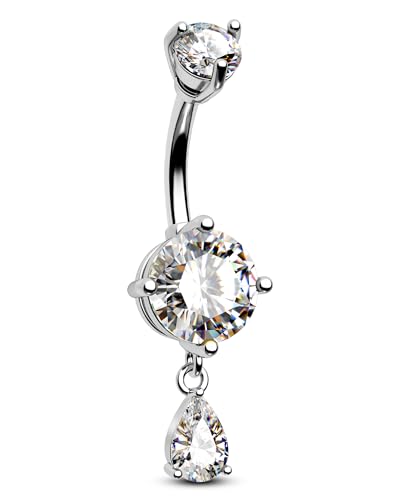 Belly Button Ring Dangle Belly Rings 316L Surgical Steel Belly Button Piercing Jewelry Teardrop Navel Ring for Women - color: Silver-CLCZ-16mm
