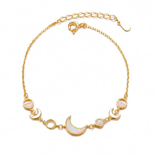 Moon Phase Bracelet Gold/Silver Opal Moon Charm Bracelet Adjustable Opal Style Crescent Charm Chain Bracelets with White Bead Accents Celestial Jewelry Outfit Accessories Gift for Women - color: A1: Gold Opal