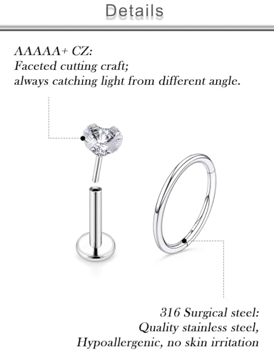 20G 18G 16G Threadless Lip Labret Medusa Monroe Nose Piercing Jewelry Surgical Steel Snake Bites Lip Rings Flat Back Push in Cartilage Tragus Helix Conch Earring Stud 6mm 8mm 10mm Bars - color: Silver-16G（1.2mm) - Bars:7mm - Hinged Clicker Rings:8mm 10mm