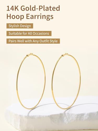 FindChic Thin Hoop Earrings for Women,Silver/Black/Gold Plated 20-100mm - color: Gold, size: 90mm