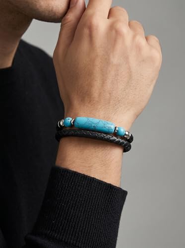 Mens Black Leather Obsidian/Turquoise/Tiger Eye/Red Agate Bracelet–Braided Multi‑Layer Wristband Cuff Bangle Bracelet with Stainless Steel Clasp Gift Jewelry Box Included - color: Style 3: Turquoise, size: 8.3in(Fits most wrists)