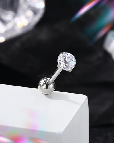 G23 Solid Titanium Tongue Ring Barbell 14G Firework CZ Bar Tongue Rings Surgical Steel Toungue Piercing - color: Silver