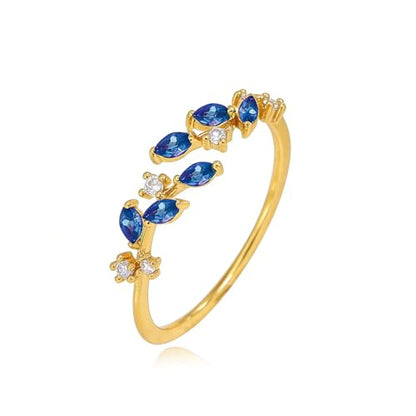 Gold Rings Non Tarnish Silver Adjustable Rings for Women Cubic Zirconia Leaf Ring Dainty Silver Stackable Ring for Women - style: blue