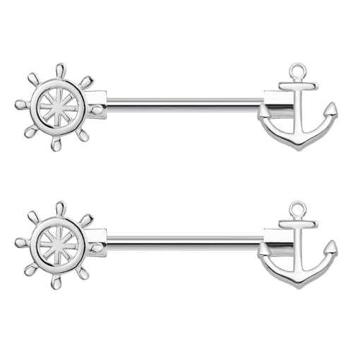 14G Wrench Barbell Nipple Ring 316L Anchor and Rudder Nipple Barbell Screw Nipple Rings Body Piercing Jewelry for Women Men - color: Silver-Anchor and Rudder