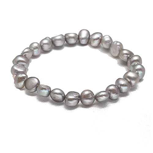 Handmade Women's Pearl Bracelet | Stretchy Beaded 7-8mm Baroque Pearl Bracelet for Ladies and Girls - Pink, Black, White, Grey, Multicolor - color: Grey