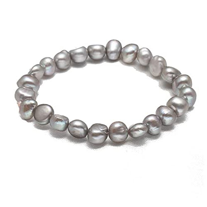 Handmade Women's Pearl Bracelet | Stretchy Beaded 7-8mm Baroque Pearl Bracelet for Ladies and Girls - Pink, Black, White, Grey, Multicolor - color: Grey