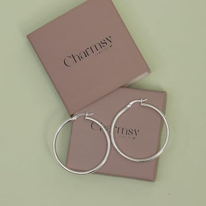 Charmsy 925 Sterling Silver Hoop Earrings | Lightweight Italian 2.5mm Tube Diamond-Cut Round Classic Hoops Earring for Women | Size 15/20/25/30/35/40/50/60/70mm | Small Medium Large - color: Classic, size: 40 MM